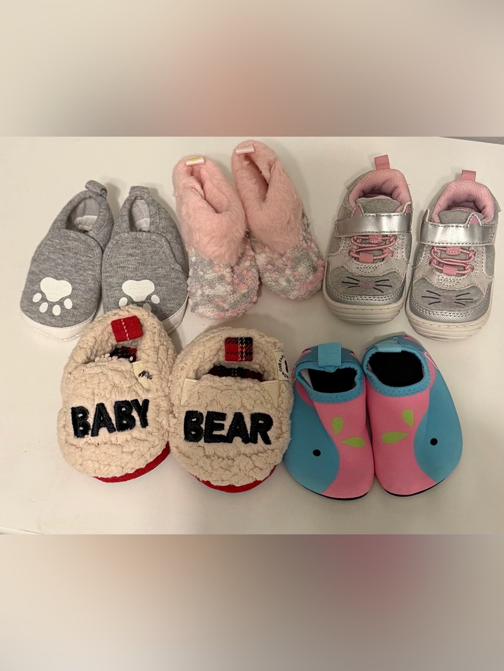 Baby Girl Pink & Gray Plush Slippers and Shoes Bundle